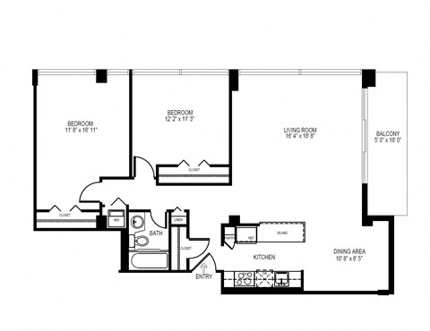 Floor plan for 2 beds, 1 bath, 1012 sqft